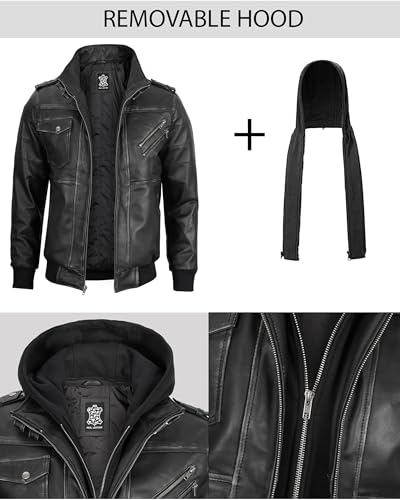 Image of Decrum Mens Leather Jacket - Detachable Hood Stylish Real Lambskin Leather Bomber Jacket Men