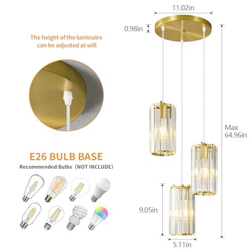 Image of Gold Pendant Lighting Modern Pendant Light, Mini Crystal Chandeliers,Adjustable Pendant Light Fixture for Kitchen Island Dinning Room Corridor Bedroom(Gold 3-Light)