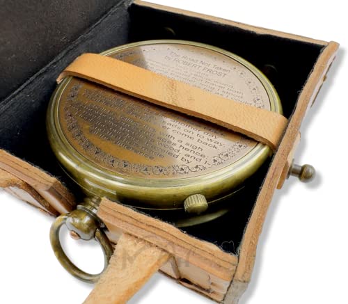 Marine Art Handicrafts ''Robert Frost Poem'' Engraved Antiquated Finish, Camping Compass, Gifts For Boys, Inspirational Gifts For Woman, Sentimental Gifts, Brass Compass With Case. C-3240 #TOP5