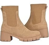 GOUPSKY Ankle Boots for Women Lug Sole Slip On Chelsea Booties Platform Chunky Mid Block Heel Suede Boot Brown 8