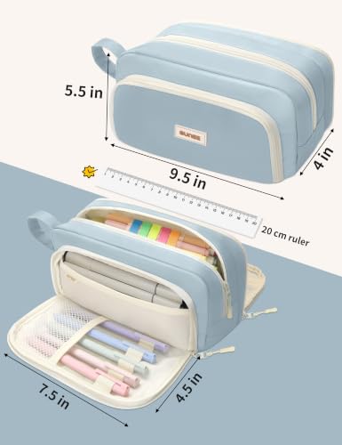 Image of SUNEE Large Pencil Case, Big Capacity Pen Pouch with 3 Compartments, Kawaii Cute Pencil Bag with Zipper, High Storage Stationery Holder and Organizer, School Supplies for Teen and Adult Girls, Blue