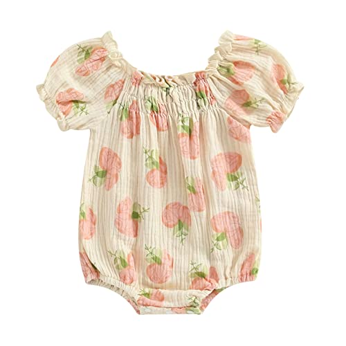 Image of Infant Baby Girl Linen Romper Smocked Bubble Bodysuit Frill Trim Ruffle One-Piece Jumpsuit Casual Cute Summer Clothes