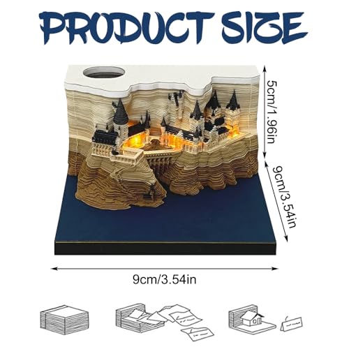 WDKXCN 3D Kalender 2026, Kalender Abreißen 2026, 3D Notizblock mit Licht und Stifthalter, DIY HARRY Kalenders mit Glasklarem Anzeigebox, 9 x 9 x 5 CM Kreative Magic Papierskulptur Castle Haftnotizen