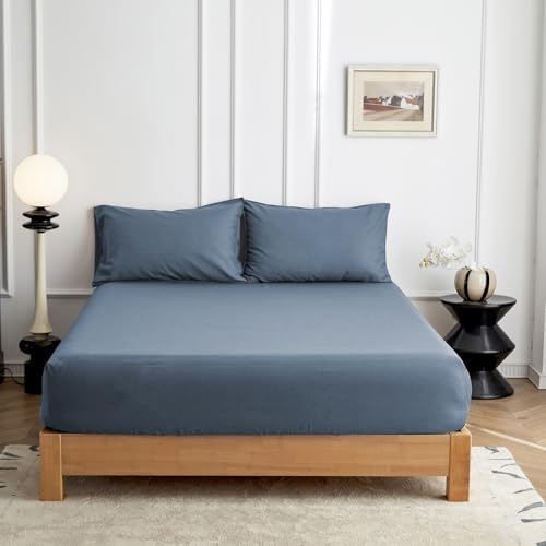 Simple&Opulence Fitted Sheet 35 Deep Pocket,Hypoallergenic Temperature Control Bed Sheet,55% Linen 45% Cotton,Double-137x190cm, Dark Blue