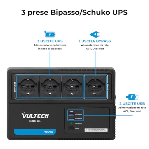 Vultech UPS700VA-XS Ups A Ciabatta Multipresa 700VA 390WA, Gruppo Di Continuità Tecnologia Line Interactive Avr, 4 Shuko Per Pc E Modem, 2 Usb Per Smartphone E Tablet No Nas/Mac - 8