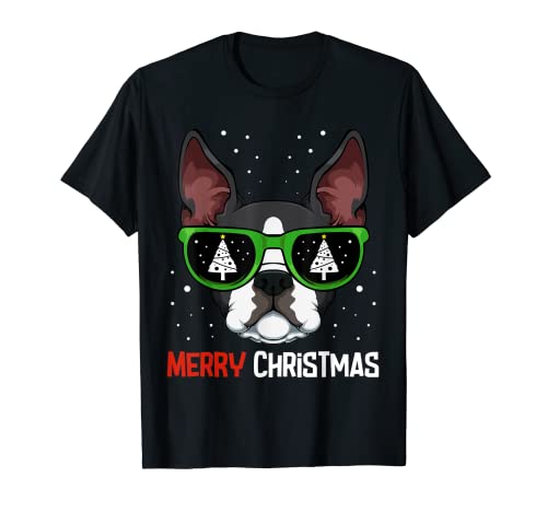 Boston Terrier - Gafas de sol de Navidad para perro, diseño de árbol X-Mas Camiseta