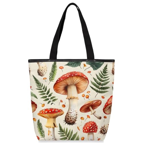 Watercolour Mushrooms Leaves Berries Canvas Tote Bag with Zipper and Pockets Canvas Tote Shopping Bag Women Reusable Grocery Bag for Beach Travel Gym Shopping