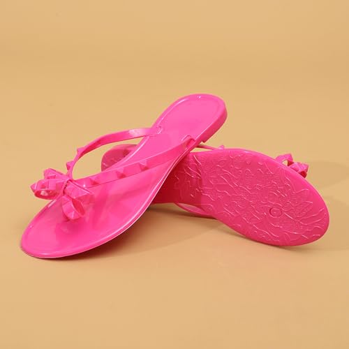 Image of Studded Jelly Shoes for Womens Bow Flip Flops Jellies Sandals Flat Black Summer Beach Thong with Rivets Strappy Slides Slip On