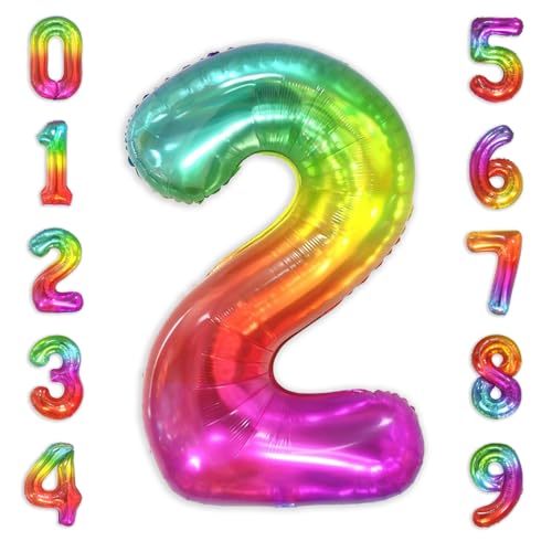 Image of SUWEN Rainbow Number 2 Balloon 40 Inch,Big Colorful Balloons 0-9 | Large Gradient Jelly 2nd Helium Foil Mylar Number Multicolor Balloons for Birthday Anniversary Party Decorations