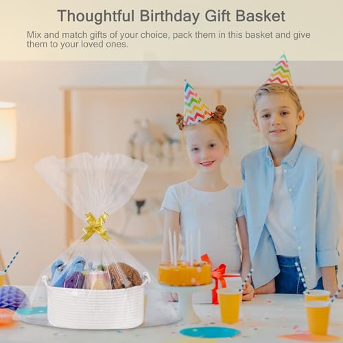 Image of Small Empty Gift Basket with Bag & Ribbons, White | 12 inchx8 inchx5 inch, Cotton Rope Woven Basket for Birthdays, Baby Showers, Mother's Day, Christmas; Stores Small Items, Kids & Pet Toys
