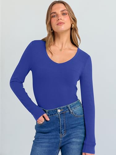 Image of ANRABESS Long Sleeve V Neck Shirts for Women | Soft Comfy Ribbed Knit Fitted Tshirts, Casual Going Out Tops, 2026 Trendy Basic, Fall Winter Underscrub Layering Clothes