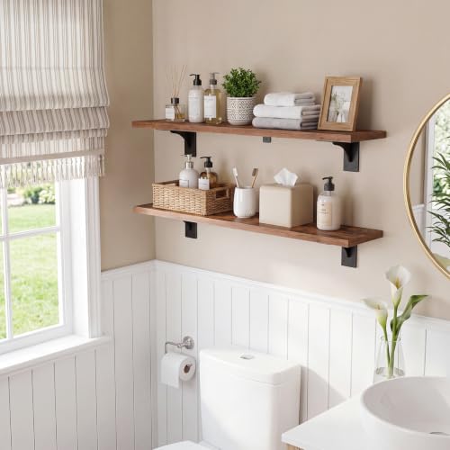 Image of HOOBRO Floating Shelves for Wall, 39.4 inch Wall Mounted Shelves Set of 2 | Hanging Storage Shelf with Metal Brackets, wooden shelf for Living Room, Bedroom, Bathroom, Rustic Brown and Black