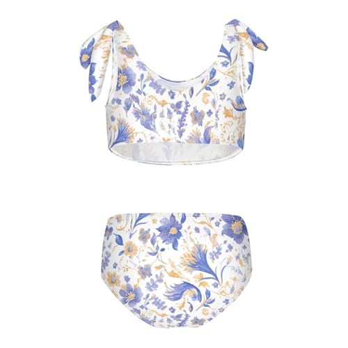 KLL Paisley Watercolor Floral Pattern Tile Flowers Girl Two Piecing Bikini Set Scoop Neck Bathing Suit Swimming Suits Cute2