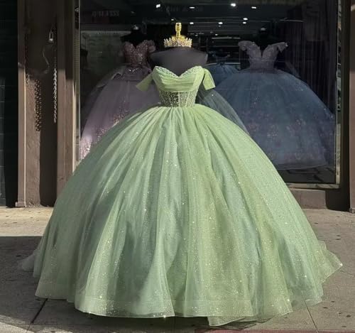 WDBFY Glitter Tulle Quinceanera Dresses with Bow Off Shoulder Beaded Sweet 16 Desses Puffy Tulle Pleated Long Ball Gowns4
