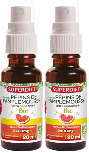 SUPERDIET- EXTRAIT DE PÉPINS DE PAMPLEMOUSSE BIO- Titré en flavonoïdes à 2400mg - Vitalité - Sans alcool - Spray de 20ml (Lot de 2)
