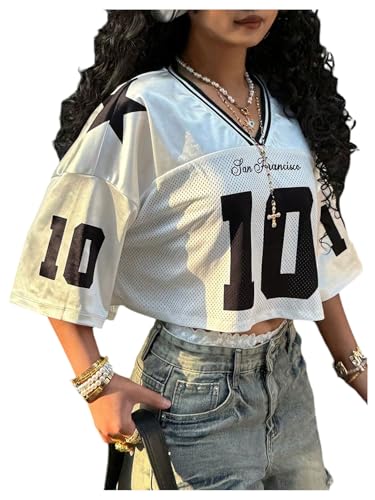 SweatyRocks Women's Number Jersey Y2k Shirts Baggy V Neck Crop T Shirt Half Sleeve Oversized Tops3