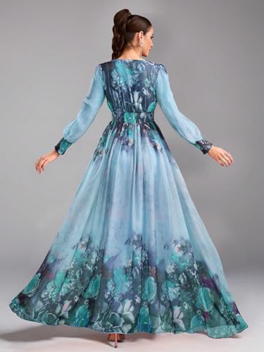 Image of TOLEEN Summer Casual Dresses for Women 2024 Spring Fashion Boho V Neck Long Sleeve Ruffle Floral Print Elegant Maxi Dress