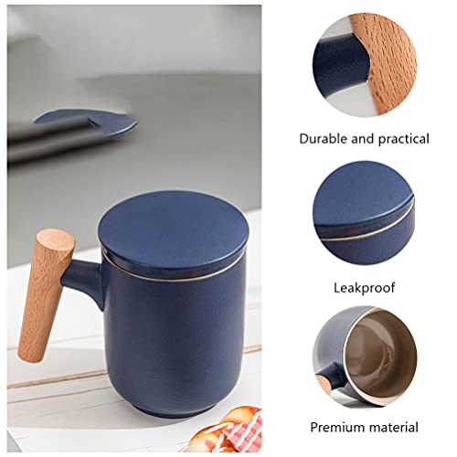 Cabilock Caneca de café de cerâmica com tampa e cabo de madeira, copo de cerâmica para chá azul, can