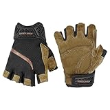 HANDLANDY Fingerless Work Gloves for Mens & Women, Uwrist Half Finger Shock-Absorbing Breathable Glove for Cycling, Driving, Exercise etc.(Leather Brown-Black, Large)