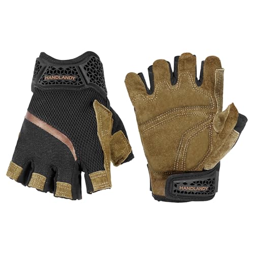 HANDLANDY Fingerless Work Gloves, Leather, Large