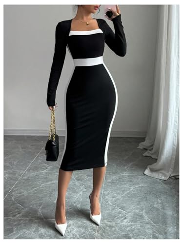 SOLY HUX Women's Midi Dress Color Block Square Neck Long Sleeve Bodycon Dresses4