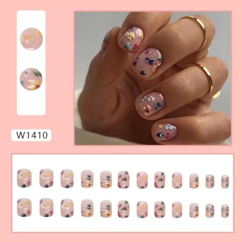Image of Flower Press on Nails Short Square Fake Nails Nude False Nails with Small Floral Designs Glossy Glue on Nails Acrylic Full Cover Stick on Nails Artificial Spring Nails for Women Manicure 24pcs