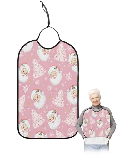 LEOKOTI Pink Santa Christmas Adult Bibs for Eating, Waterproof Bibs with Food Catcher & Adjustable Snap Closure, Pink Xmas Tree Winter Snowflake Washable Clothing Protectors Adult Bibs for Elderly