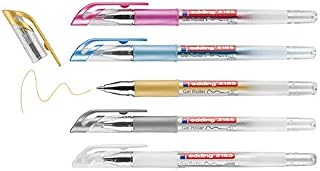 edding 2185 gel roller - gold, silver, white, blue metallic, pink metallic - set of 5 - 0.7 mm - gel pen for writing, drawing, colouring mandalas, bullet journals - glitter gel pen, colour gel pen