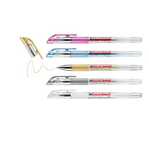 edding 2185 roller gel - blanco, oro, plata, azul, rosa (metálico) - juego de 5 - 0,7 mm - bolígrafo de gel para escribir, colorear o decorar bullet journals - rotulador de gel purpurina para mandalas