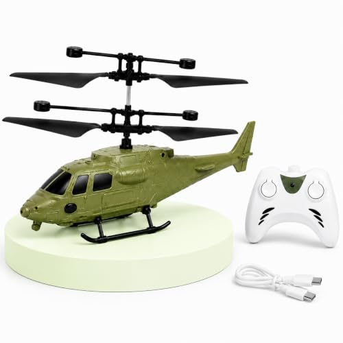 Image of Unique Design RC Helicopter for Kids with Safety Sensor & Gravity Sensor | LED Light | Rechargeable Flying Toy | Indoor & Outdoor Flying | Up & Down Movement | Remote Battery Not Included (Army Green)