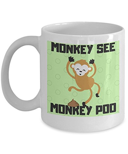 mmandiDESIGNS Monkey See Monkey Poo Coffee Mug - Perfect Male or Female Pooh Present Ceramic Drink Tea Cup 11 oz
