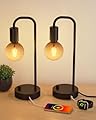 ONEWISH Industrial Table Lamp Set of 2 with USB C&A Charging Port, Stepless Dimmable Nightstand Bedside Lamps for Bedroom,Desk Lamps with 2700K Black Gradient Bulb for Reading Living Room,Office
