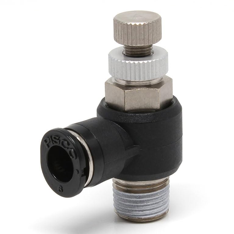 Pisco JSC6-01A Pneumatic Speed Controller Valve, Black Elbow Meter-Out Flow Control Valve, 6mm x R1/8 Connection(5 PCS).