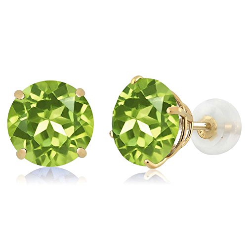 Gem Stone King 14K Yellow Gold Natural Green Peridot Basket Stud Earrings For Women (4.00 Cttw, Gemstone Birthstone, Round 8MM)