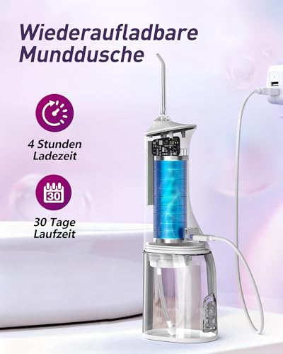 Glracd Munddusche Testsieger 2025, 4 Modi Professionelle Water Flosser, munddusche kabellos 350ML Tank, Zahnzwischenraumreiniger mit 6 Jet-Tipps des Wasserdrucks für die Mundreinigung und Zahnspange