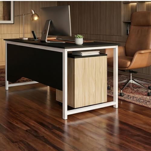 Image of Executive Director Desk | Office Table | Manager Cabin Work Desk with Modesty Panel & Cable Grommet | Sturdy Metal Frame | Black Top & White Base | DIY.
