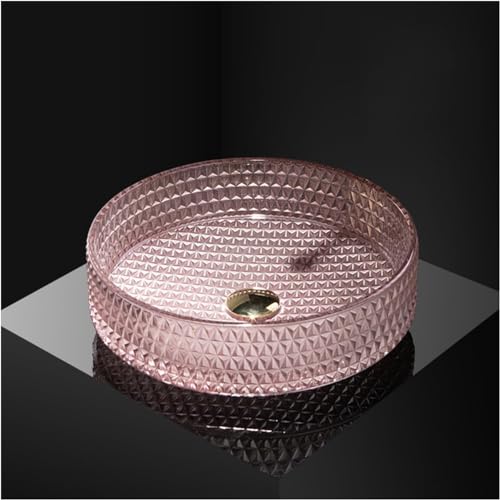MegLob Lavello Da Bagno Da 15 Pollici, Lavandino in Vetro Di Lusso Leggero Da 39 Cm, Lavandini Artistici in Vetro Ondulato, Lavandino Per Bagno in Vetro A Forma Di Diamante Rosa Trasparente.,B