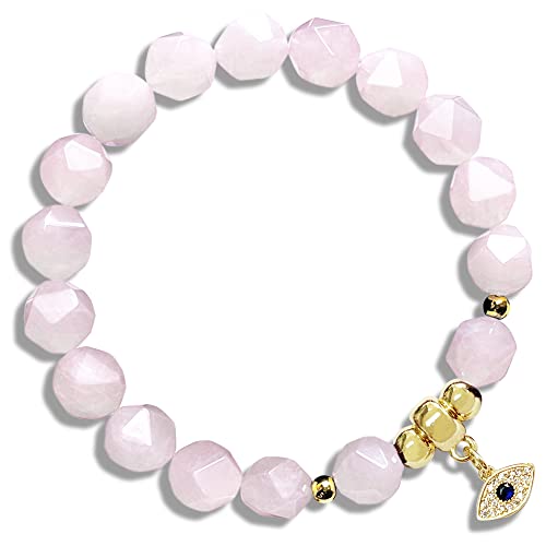 Shrandi Pink Rose Quartz Bracelet Natural Stone, Healing Crystal Bracelet For Women, Faceted Gemstone Beaded Bracelets With Charms, Spiritual Jewelry For Stress And Anxiety Relief #TOP26