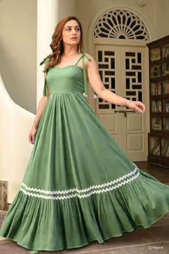 Image of Women's Elegant Long Maxi Gown with Shoulder Ribbon Tie-Up, Stylish & Trendy - Fit and Flare Sleeveless Square Neckline Western Dress, Casual Dress for Women