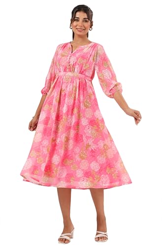 Image of Janasya Women's Georgette Floral Printed Flared Dress