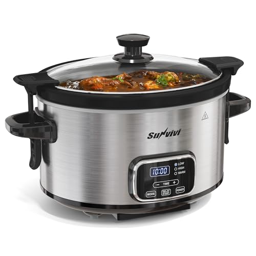 HEYNEMO 4 Quart Programmable Slow Cooker, Digital Slow Cooker with Timer, 3 Cooking Modes, Locking Lid, Dishwasher-Safe Ceramic Pot, Glass Lid, Stainless Steels 4 QT(Lid Lock) Silver