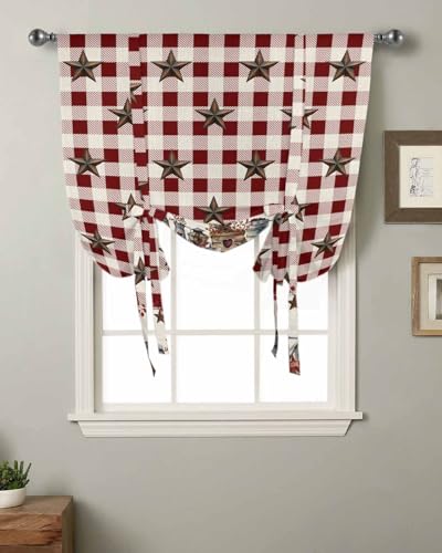Farm Red Tie Up Curtains for Windows 45 Inch Length Balloon Curtains Kitchen Adjustable Balloon Window Shade Brown Western Texas Star Red Plaid Country Tie Up Valance Bathroom Curtain Window 34
