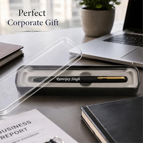 Image of SAVRI Personalized Parker Matt Black Ballpoint Pen - Name Engraved, Golden Clip - Customized Gift for men, women, teachers, professors, employees | wedding, birthday, corporate, or New Year gifts