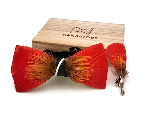 Exotic Mango Feather Bow Tie & Lapel Pin Set - Handmade Designer Wedding Accessory for Men
