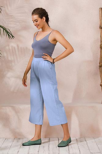 Ecupper Womens Casual Loose Elastic Waist Cotton Trouser Cropped Wide Leg Pants Light Blue 10 #TOP2