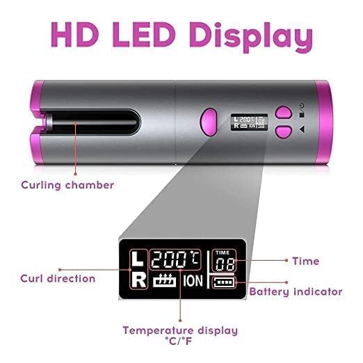 Image of Cordless Automatic Hair Curler - Portable Curling Iron With LCD Temperature Display, Fast Heating, Auto Rotating, USB Rechargeable for Travel and Home (F2)