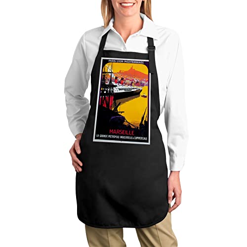 Tablier de cuisine premium noir au design affiche vintage Marseille rétro