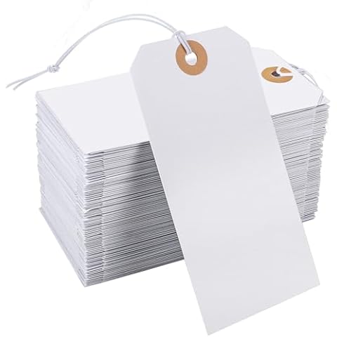 Prudiut 200pack White 4.72x 2.36inches Paper Tags with Elastic String, Reinforced Hole, for Christmas Gifts, Inventory, Writable, Gift Tags, Hang Tags Cover