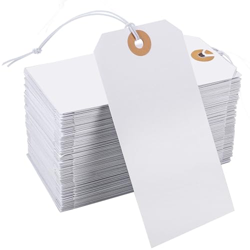 Prudiut 200pack White 4.72x 2.36inches Paper Tags with Elastic String, Reinforced Hole, for Christmas Gifts, Inventory, Writable, Gift Tags, Hang Tags