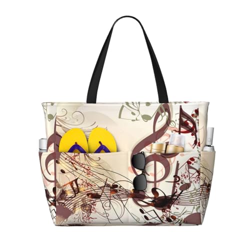 Notes de musique grand sac de plage en toile pour femme avec poignées robustes